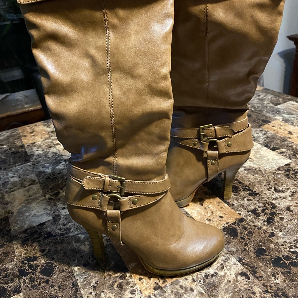 Knee high tan heel boots